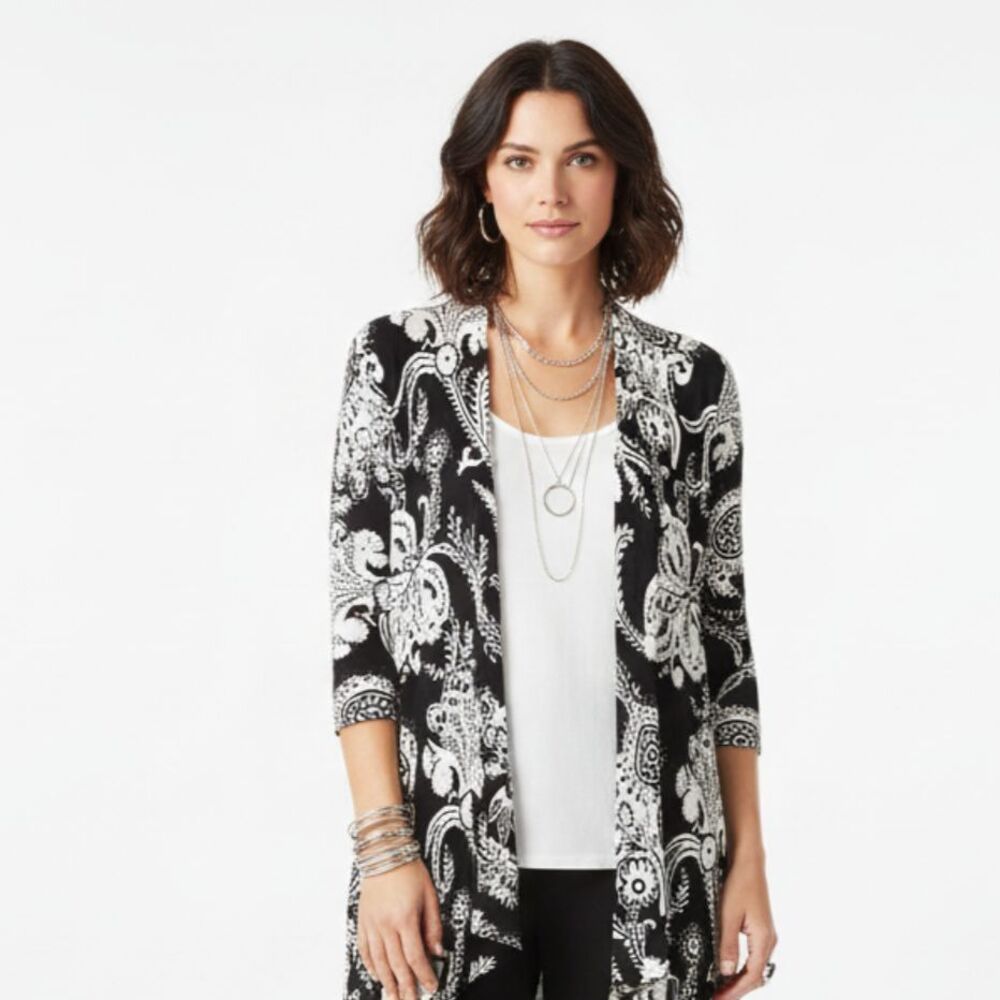 Cache Black & White Floral Print Long Sleeve Open Front Knit Cardigan Sweater S